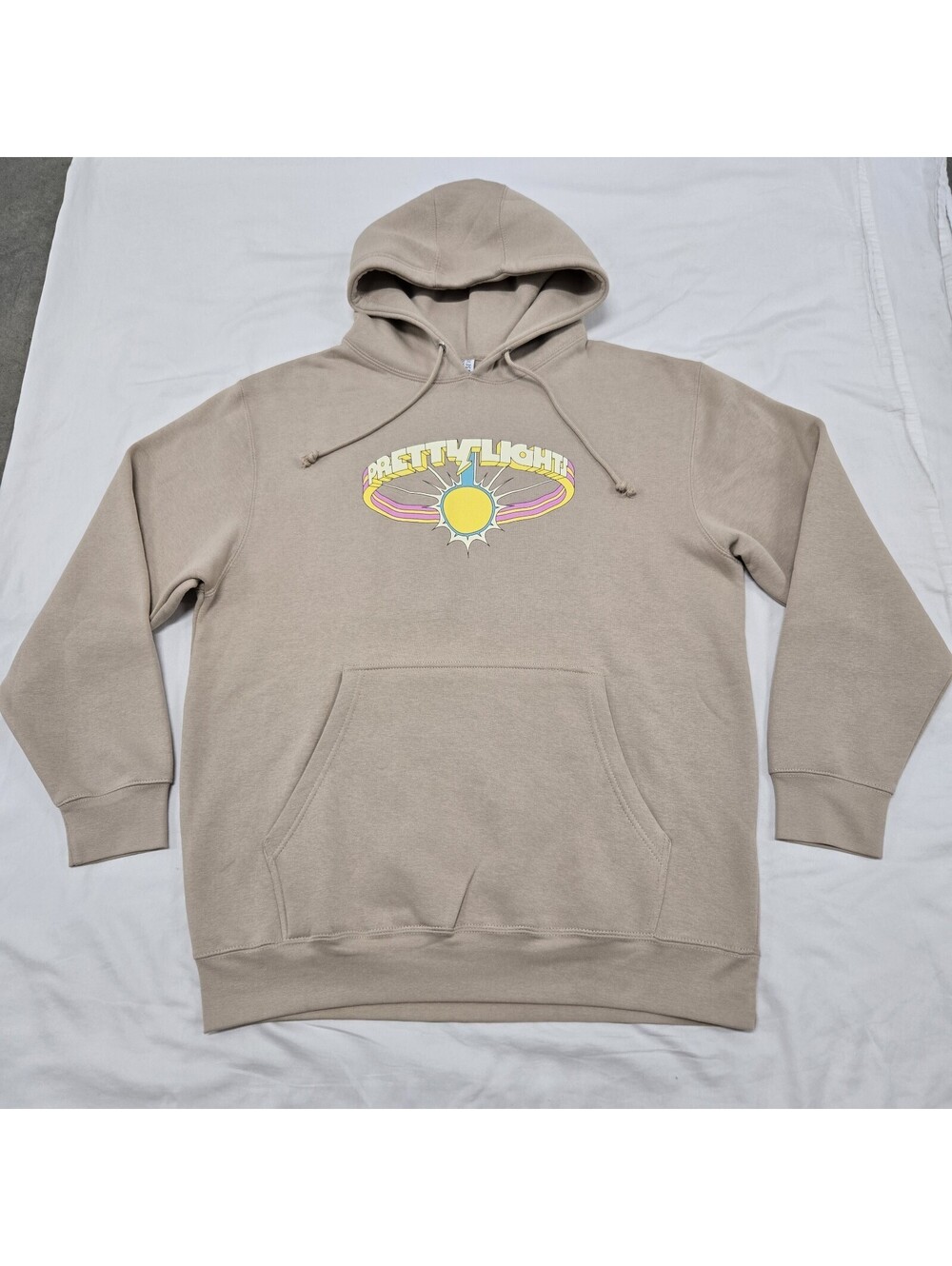 EUC Size LARGE Pretty Lights Hoodie Beige Logo Graphic Pullover Official Merch